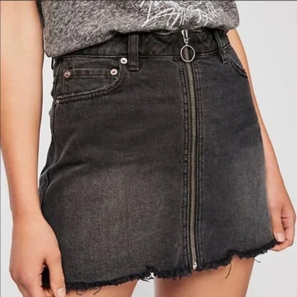 We the Free/Free People Black Denim Frayed Zip Up Skirt